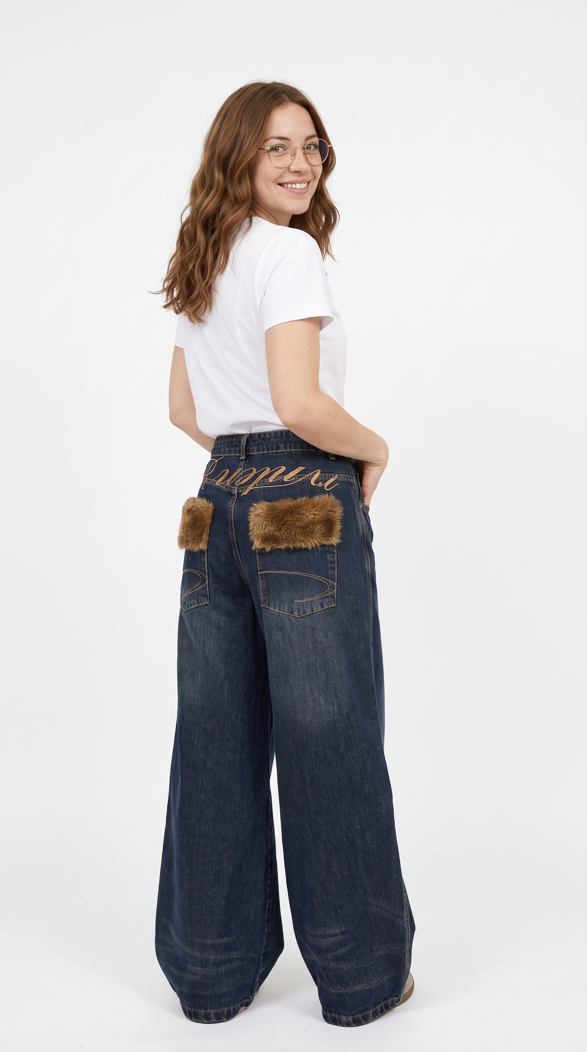 Women's Distressed Wide Leg Jeans – Embroidered High Waist Baggy Denim