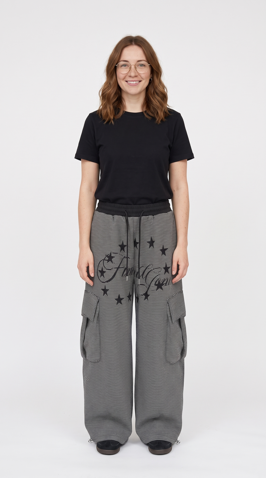 Women's Striped Star Print Cargo Trousers – Wide Leg Drawstring Joggers