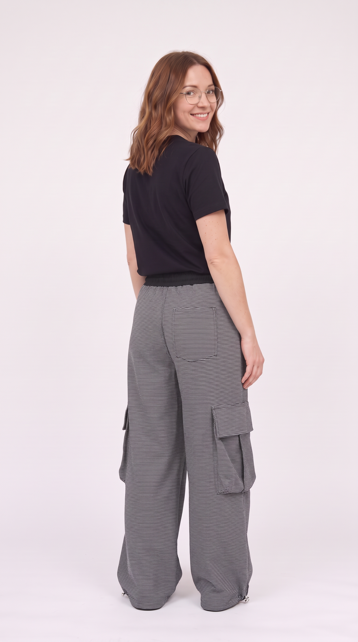 Women's Striped Star Print Cargo Trousers – Wide Leg Drawstring Joggers
