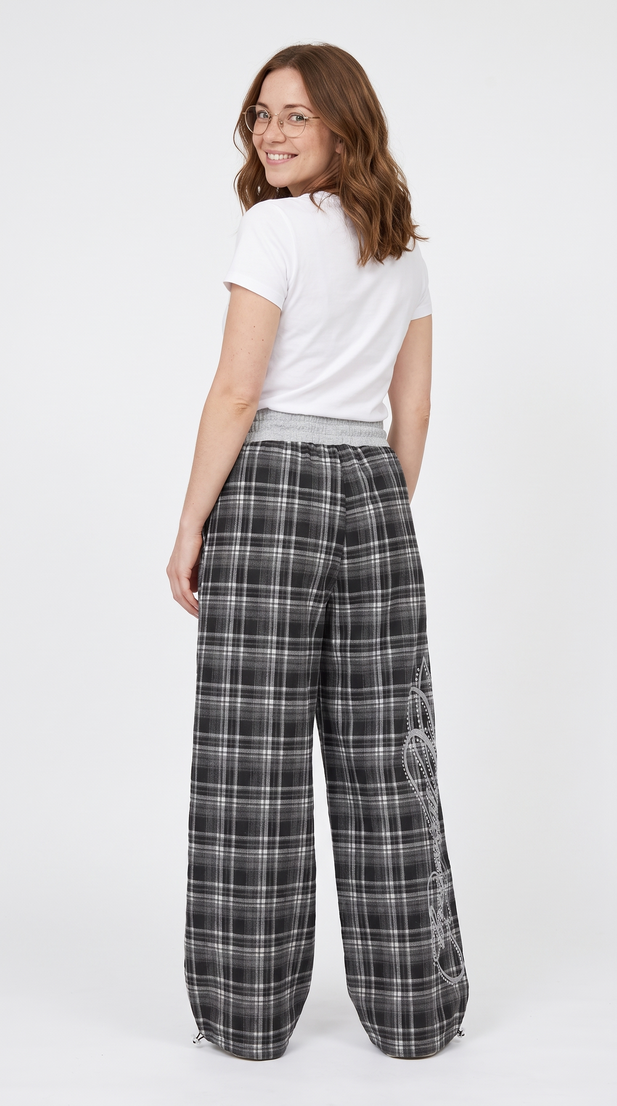 Women's Plaid Wide Leg Joggers – Rhinestone Colour Block Streetwear Trousers