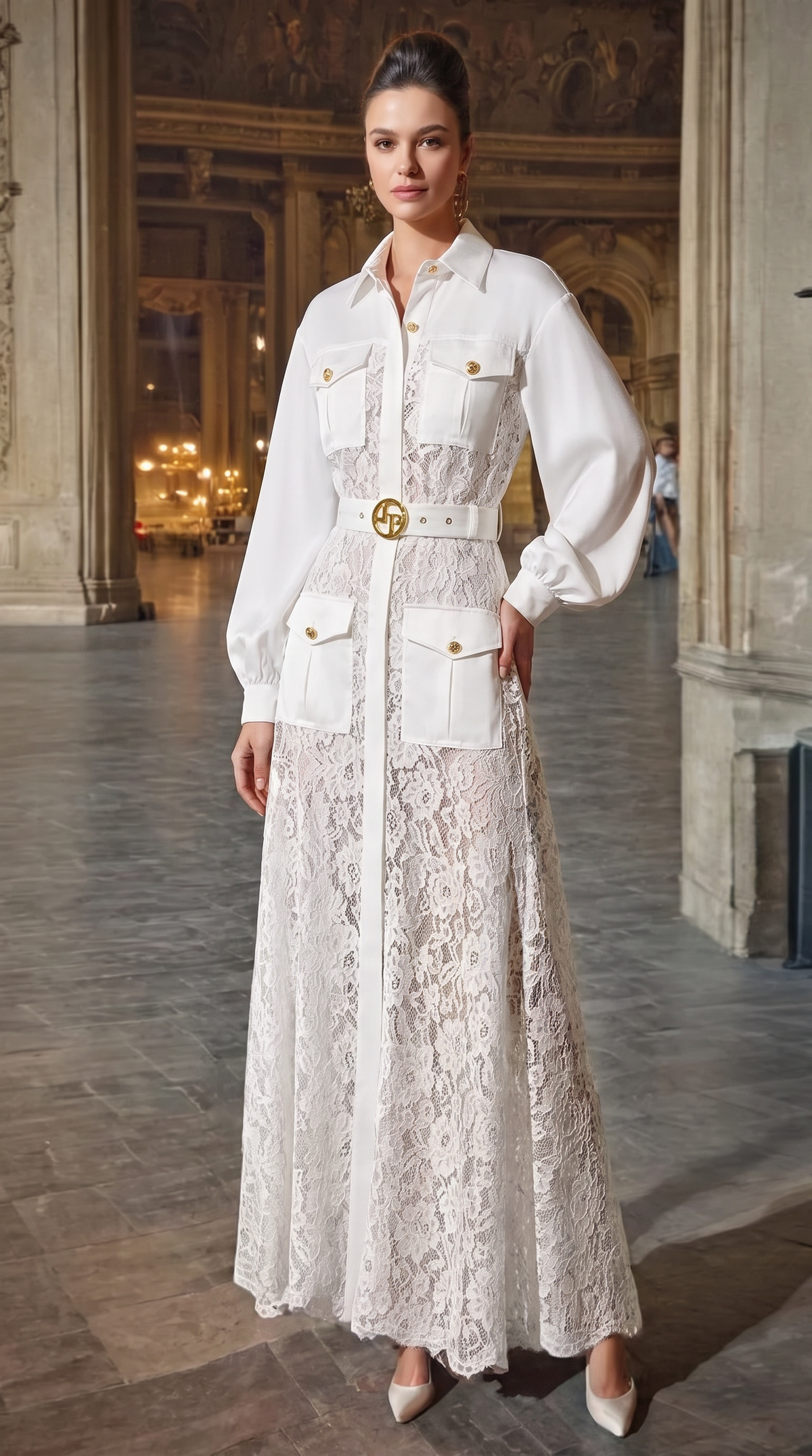 Women's Lantern Sleeve Belted Maxi Shirt Dress – Lace Trim Button Front
