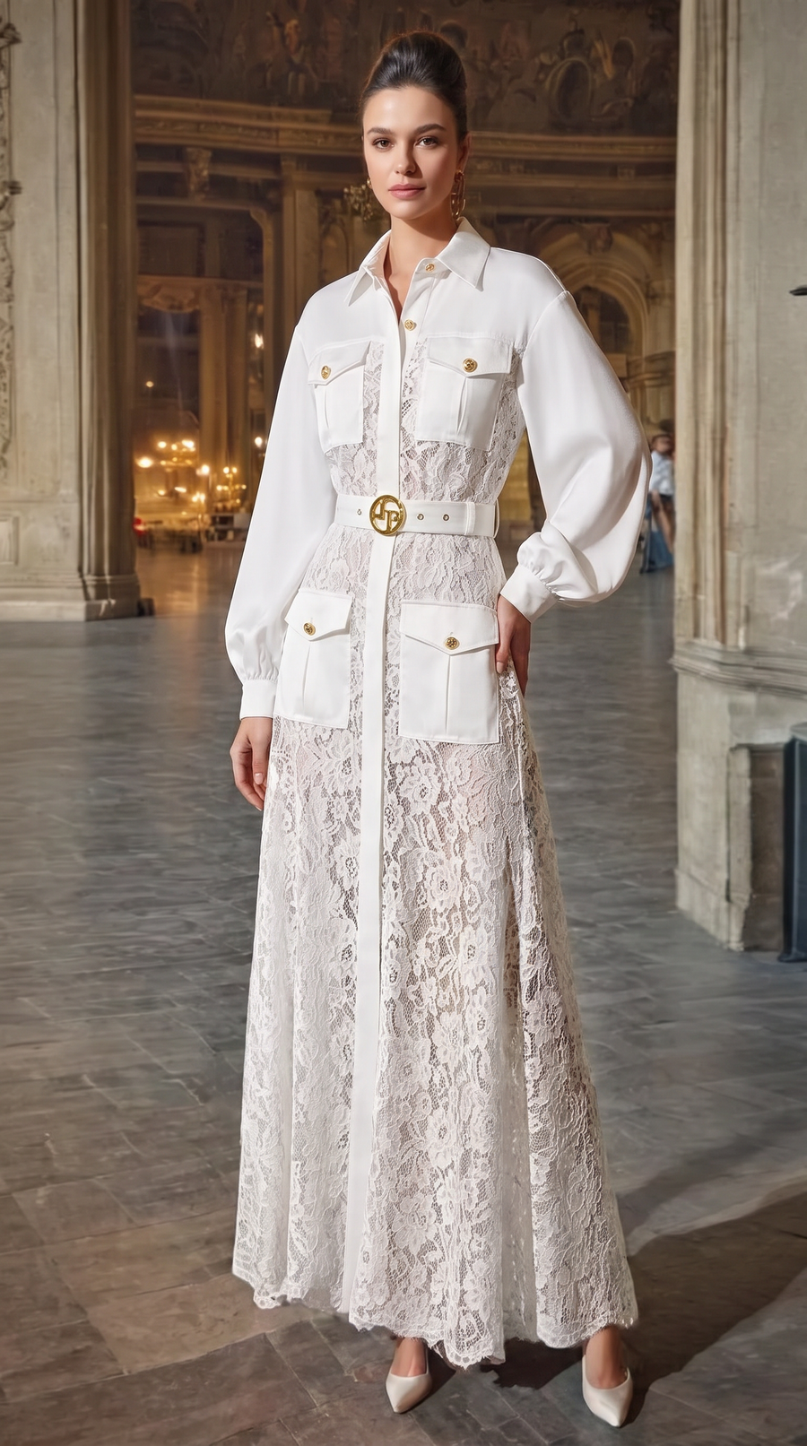 Women's Lantern Sleeve Belted Maxi Shirt Dress – Lace Trim Button Front