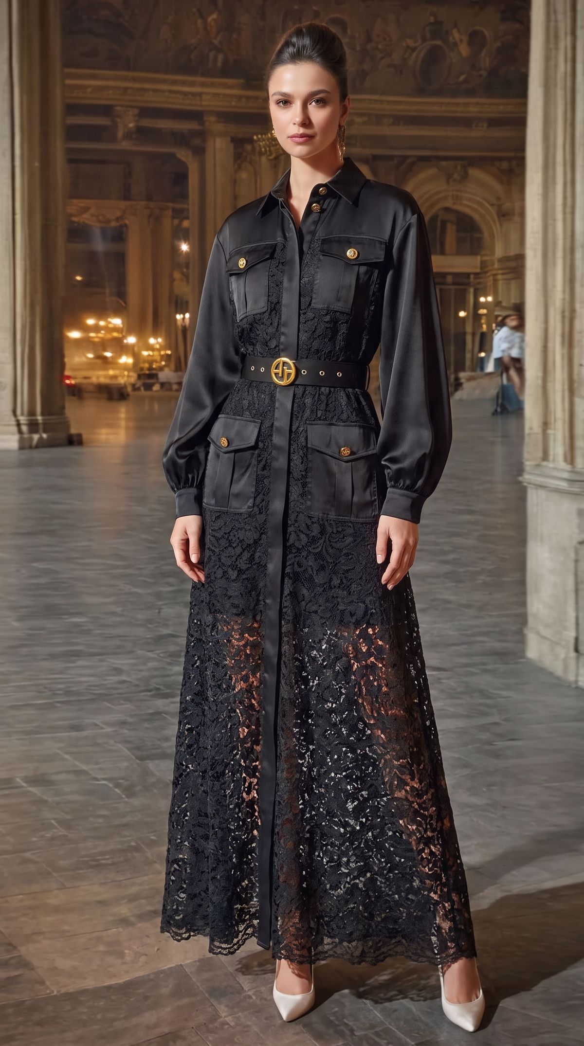 Women's Lantern Sleeve Belted Maxi Shirt Dress – Lace Trim Button Front