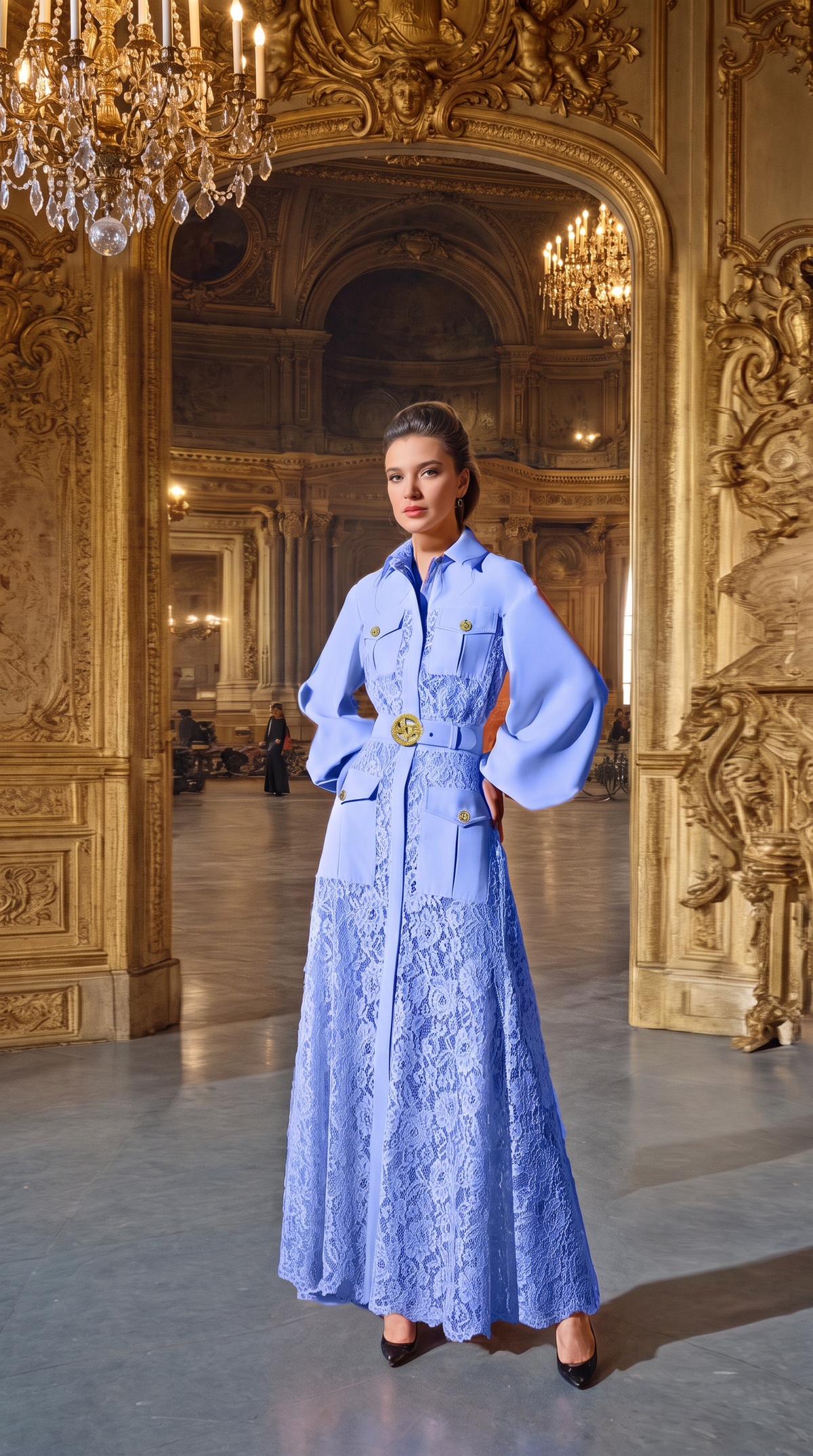Women's Lantern Sleeve Belted Maxi Shirt Dress – Lace Trim Button Front