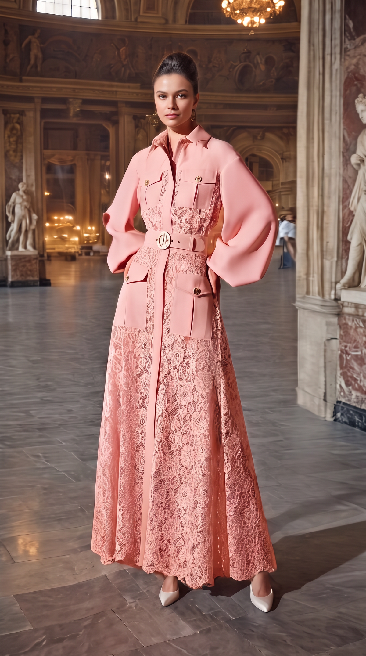 Women's Lantern Sleeve Belted Maxi Shirt Dress – Lace Trim Button Front