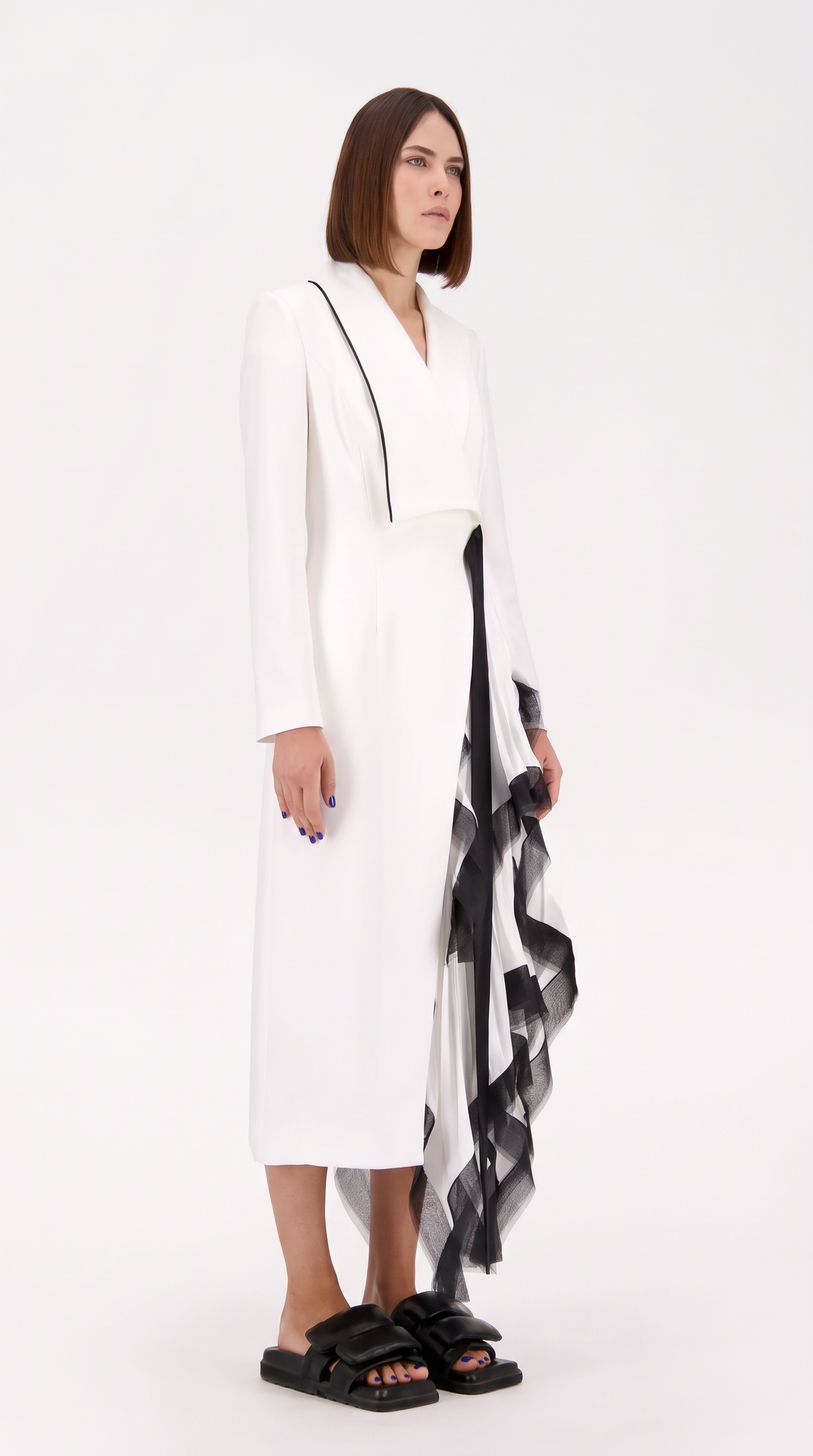 Women's Asymmetric Pleated Blazer Dress – Long Line Ruffle Hem Jacket