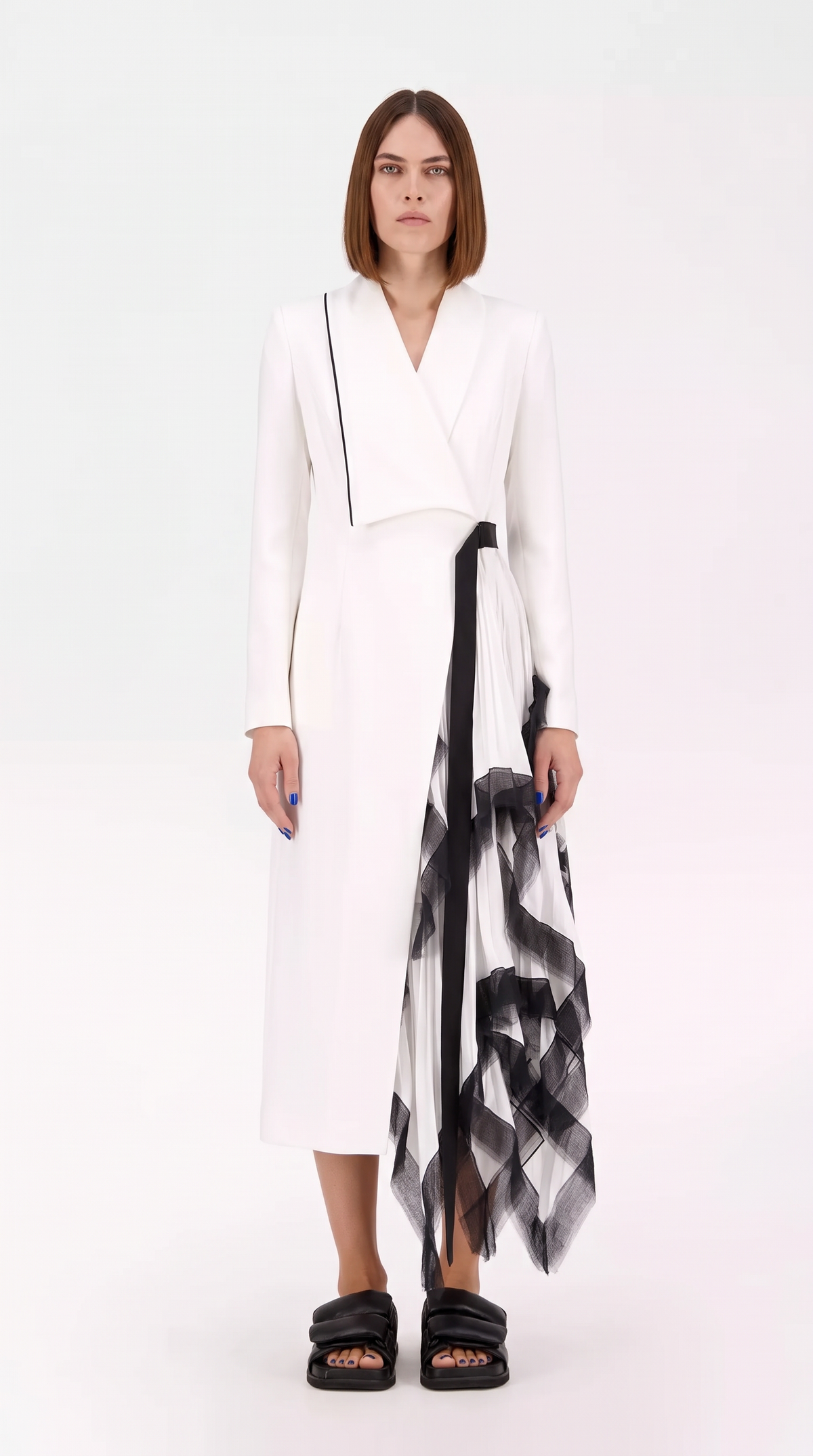 Women's Asymmetric Pleated Blazer Dress – Long Line Ruffle Hem Jacket
