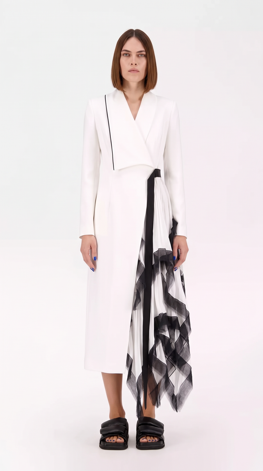 Women's Asymmetric Pleated Blazer Dress – Long Line Ruffle Hem Jacket