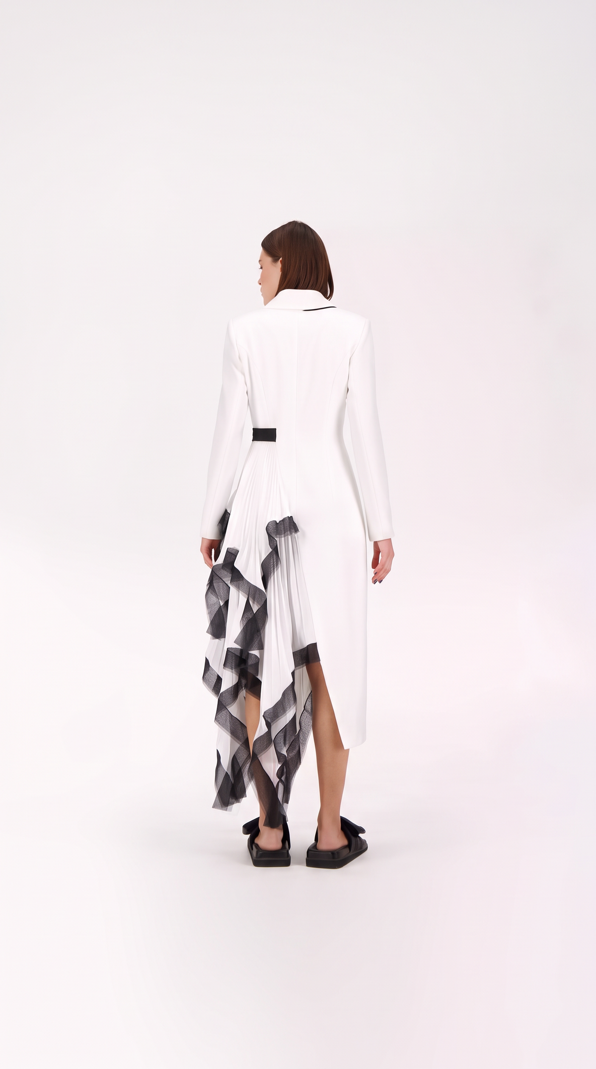 Women's Asymmetric Pleated Blazer Dress – Long Line Ruffle Hem Jacket