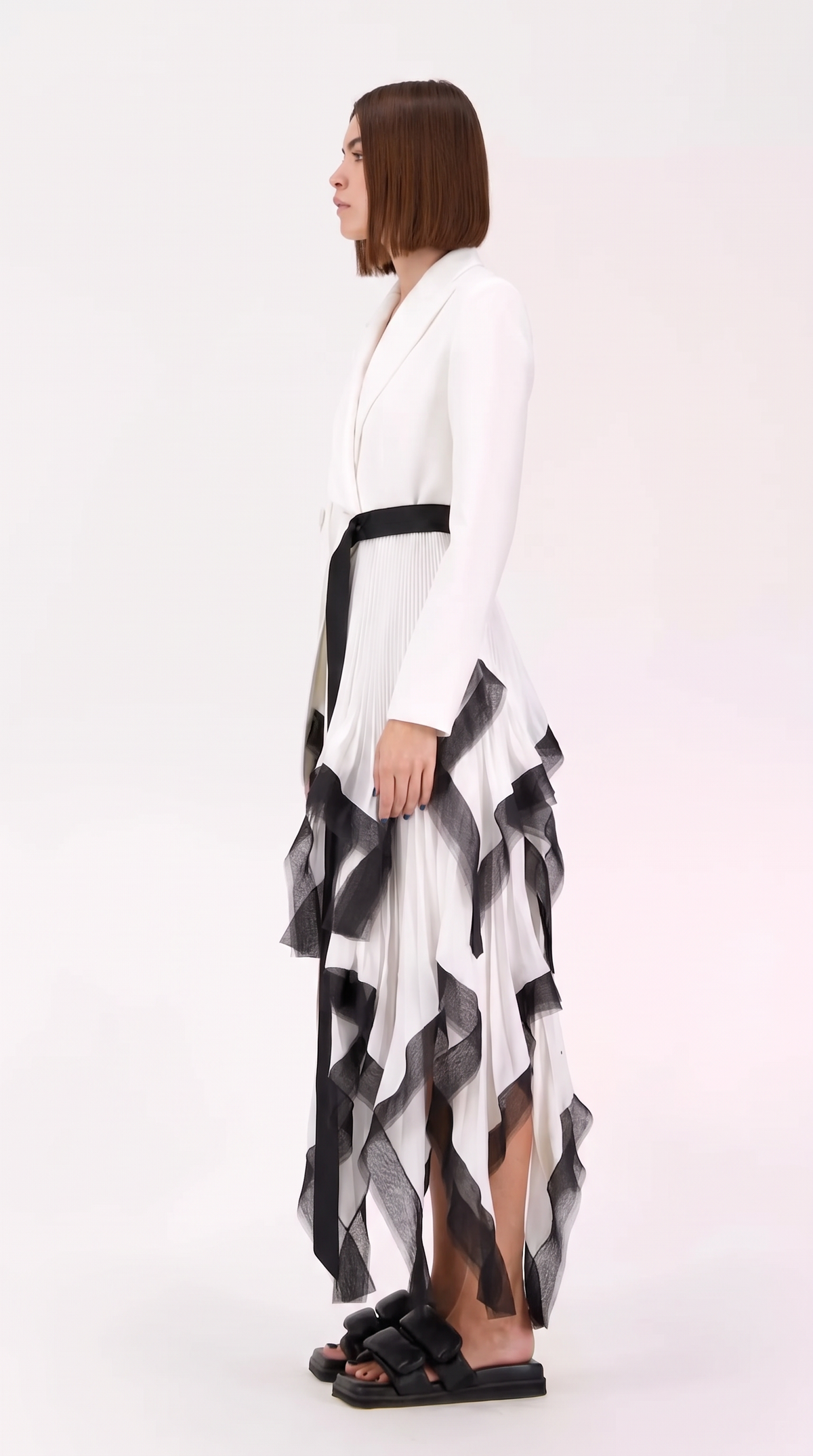 Women's Asymmetric Pleated Blazer Dress – Long Line Ruffle Hem Jacket