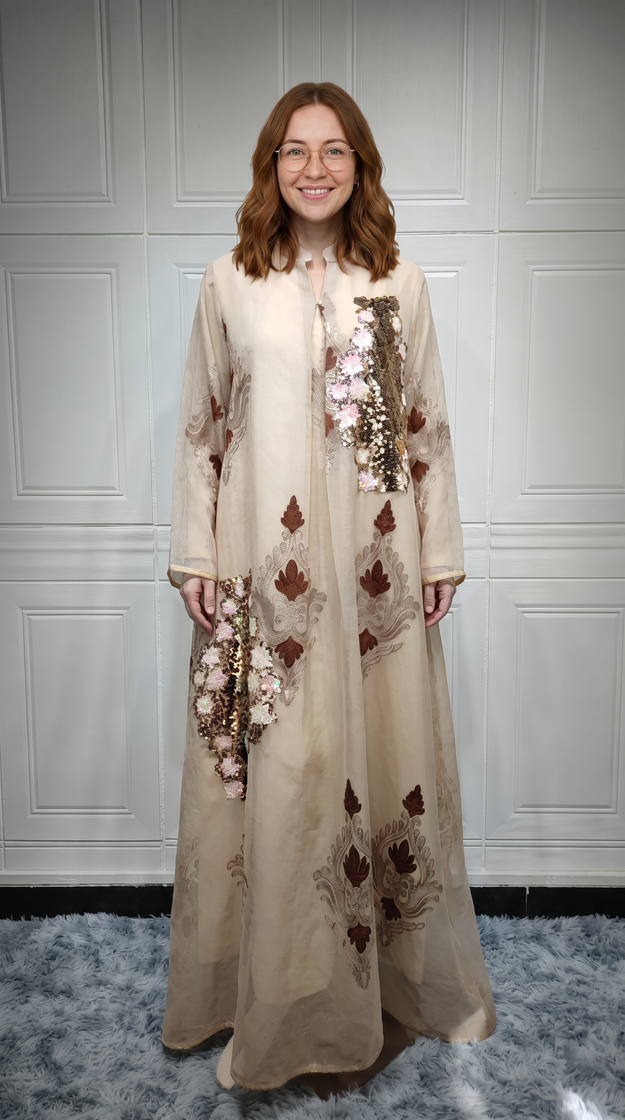 Women's Beaded Sequin Evening Gown – Long Sleeve Floor-Length Maxi Dress