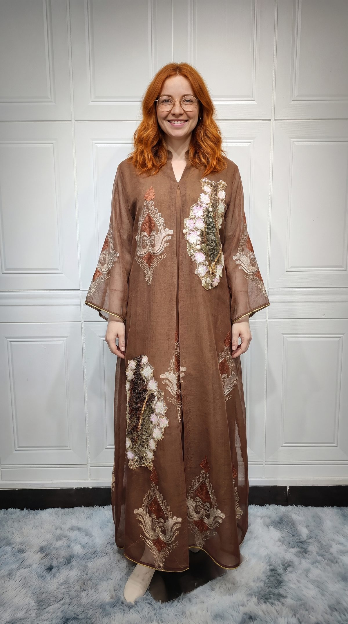 Women's Beaded Sequin Evening Gown – Long Sleeve Floor-Length Maxi Dress