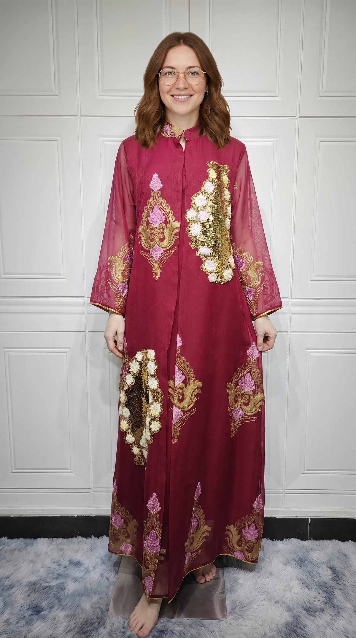 Women's Beaded Sequin Evening Gown – Long Sleeve Floor-Length Maxi Dress